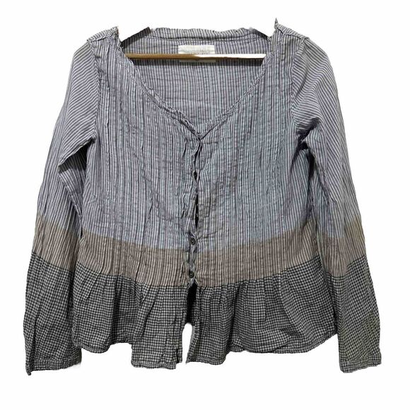 Khadi and Co. Bess Nielsen Blouse Stripe Medium Brown Blue - Picture 1 of 16